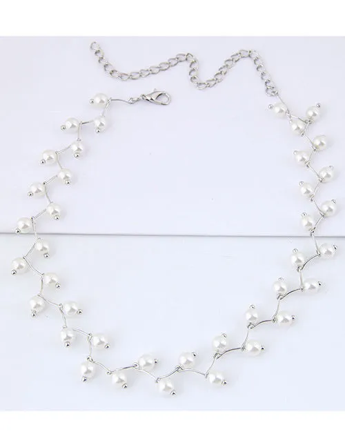 02 Necklaces N153 Silver with White Pearls Zig Zag Necklace with FREE Earrings